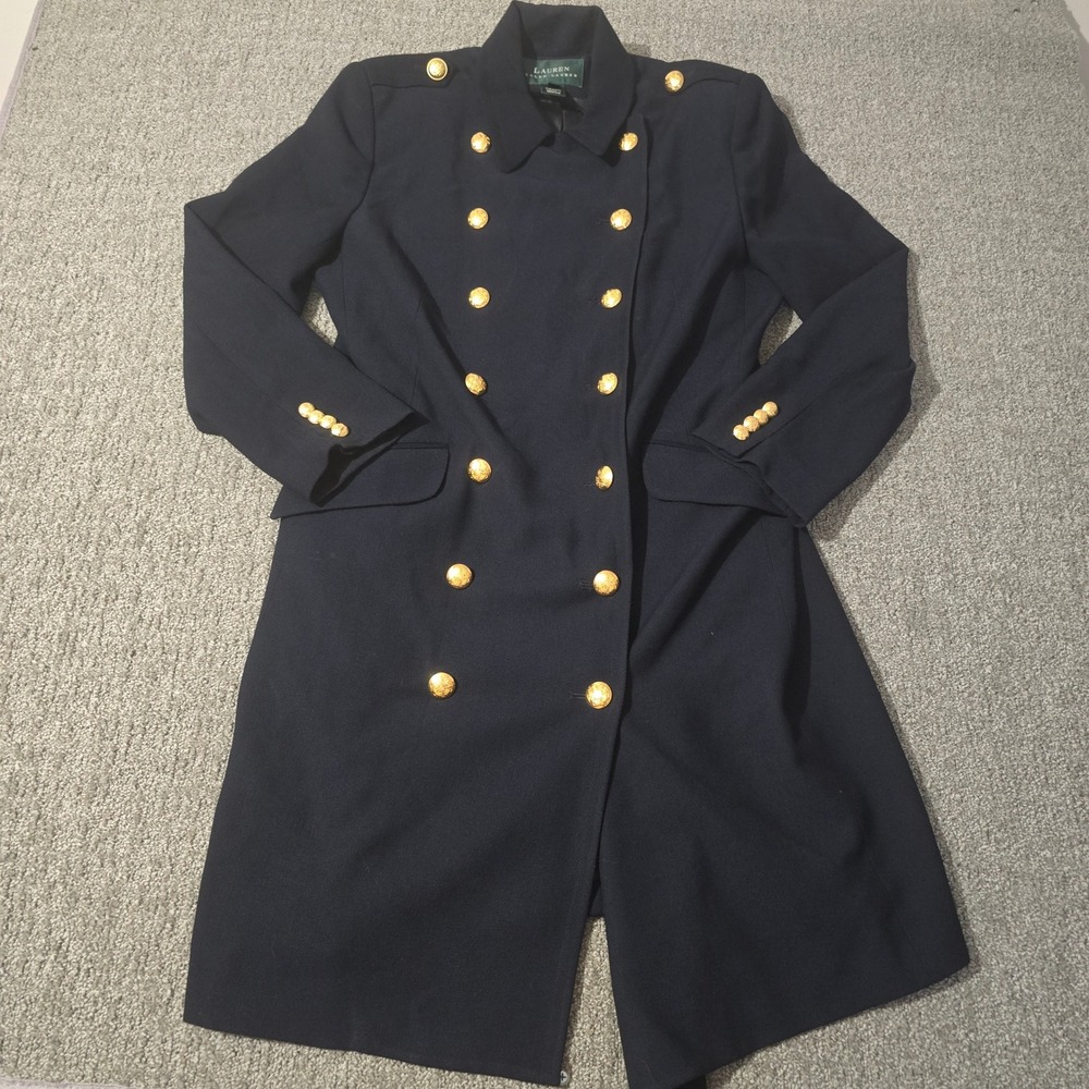 Vintage Lauren Ralph Lauren Womens 16 Navy Wool Military Coat Gold Buttons USA